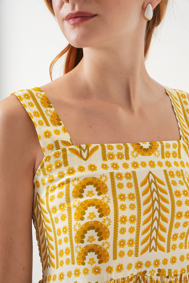 BGD Women Kadın Desenli Askılı Midi Elbise 2577 - Sarı - Sesimbra