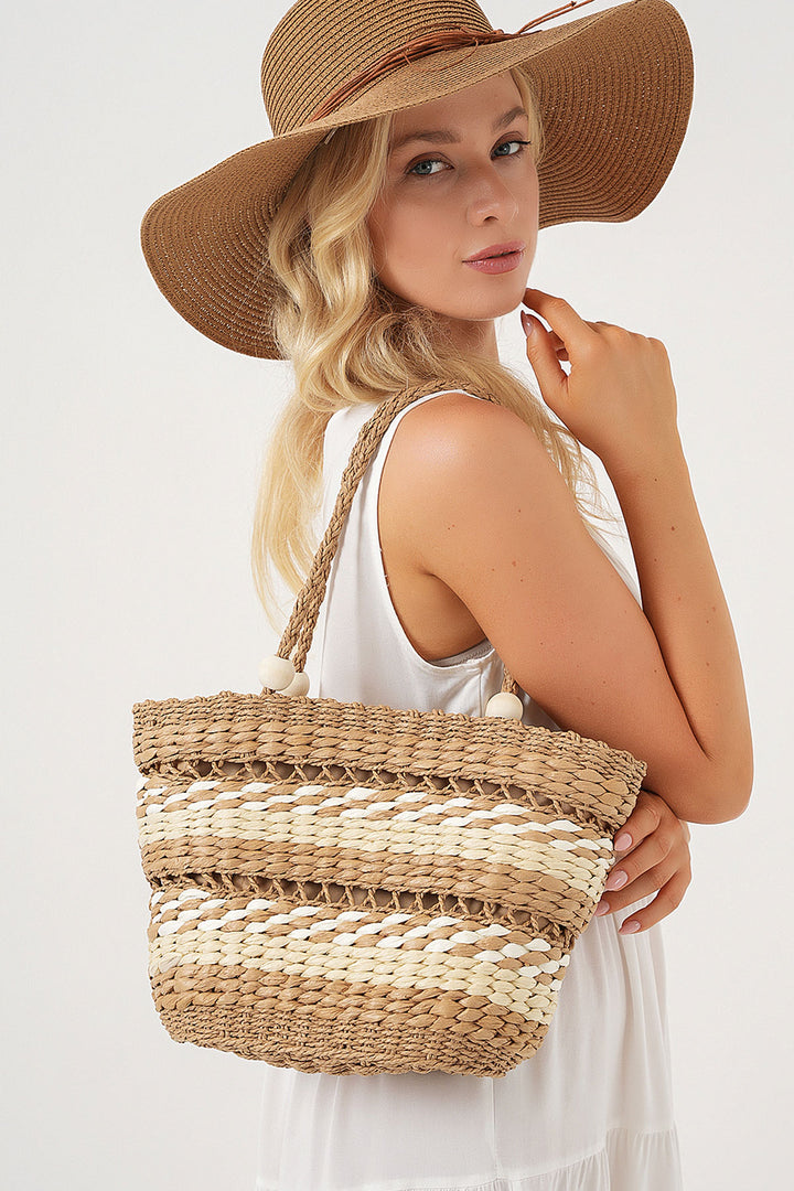 BGD Women Woman Patterned Straw Bag 010190 - Beige - Florence