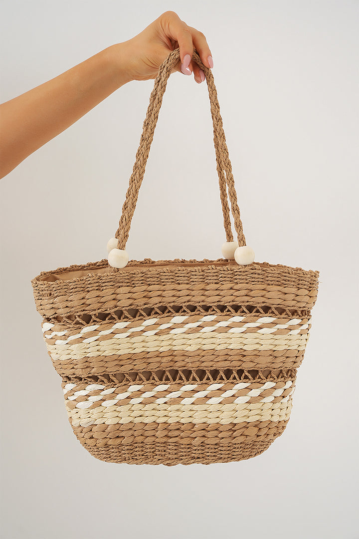 BGD Women Woman Patterned Straw Bag 010190 - Beige - Florence