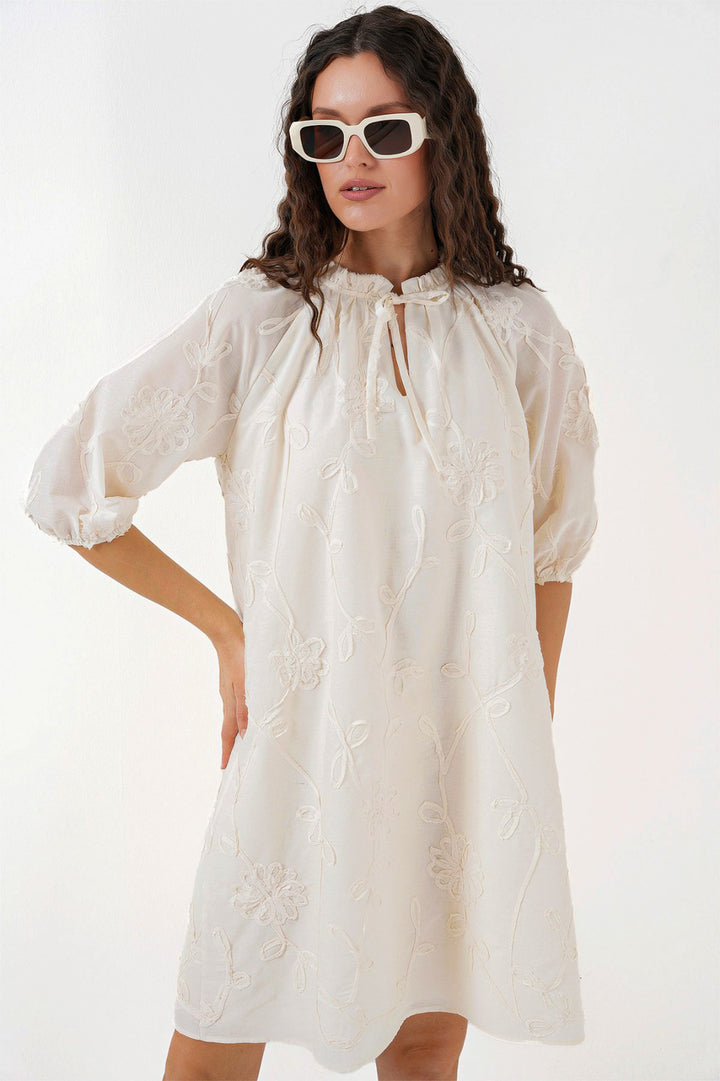 BGD Women Woman Patterned Short Dress 2528 - Cream - Dewsbury