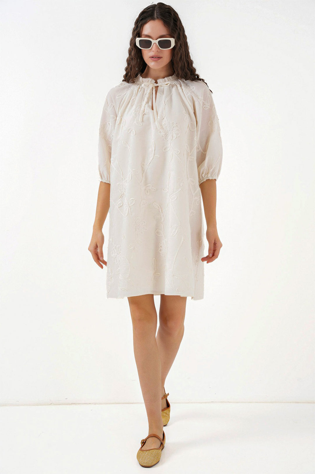 BGD Women Woman Patterned Short Dress 2528 - Cream - Dewsbury