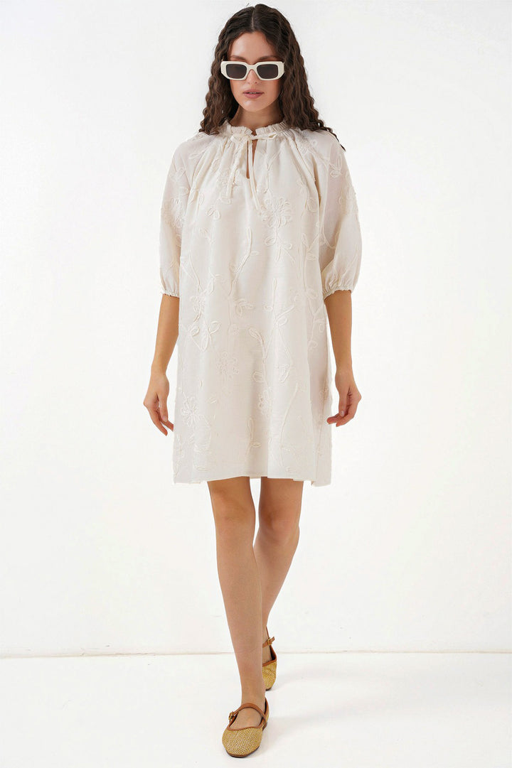 BGD Women Woman Patterned Short Dress 2528 - Cream - Dewsbury
