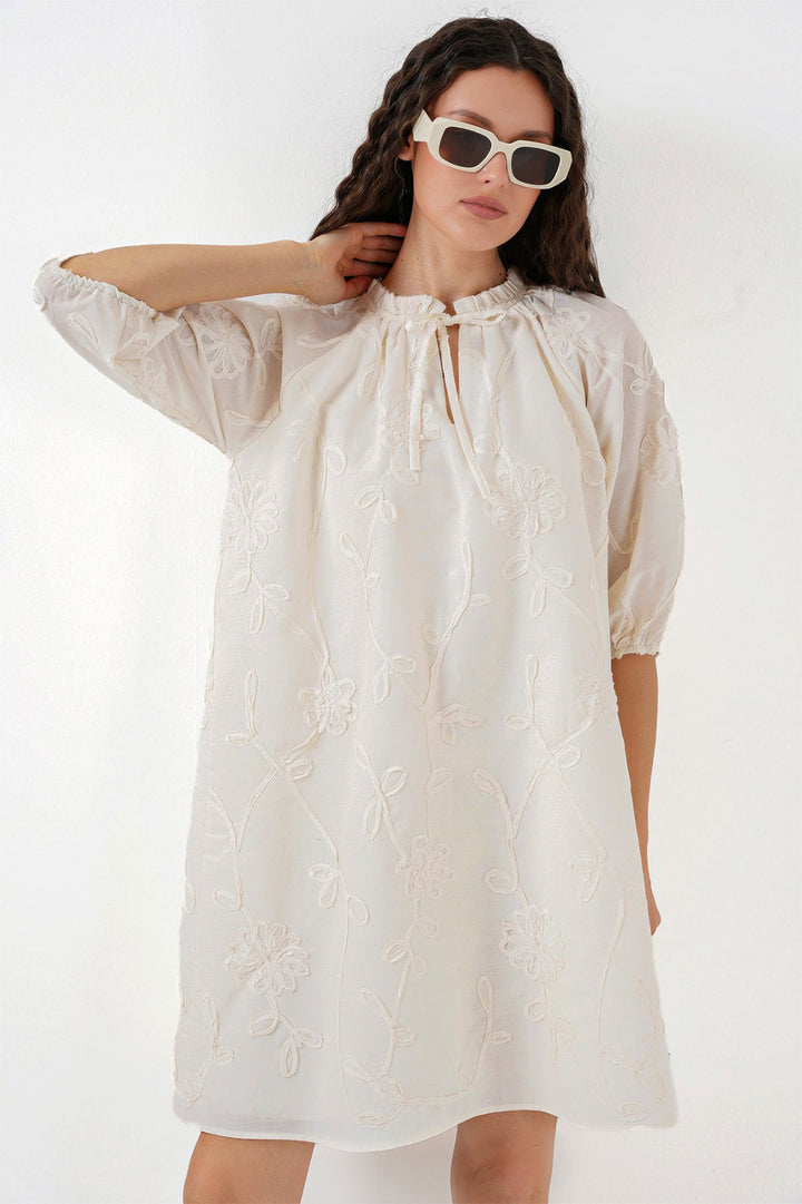 BGD Women Woman Patterned Short Dress 2528 - Cream - Dewsbury