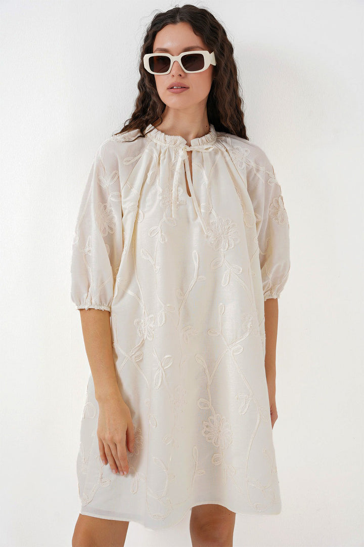 BGD Women Woman Patterned Short Dress 2528 - Cream - Dewsbury