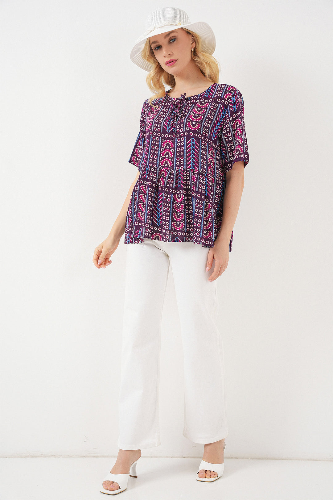 BGD Women Woman Patterned Short Sleeve Blouse 969 - Burgundy - Tríkala