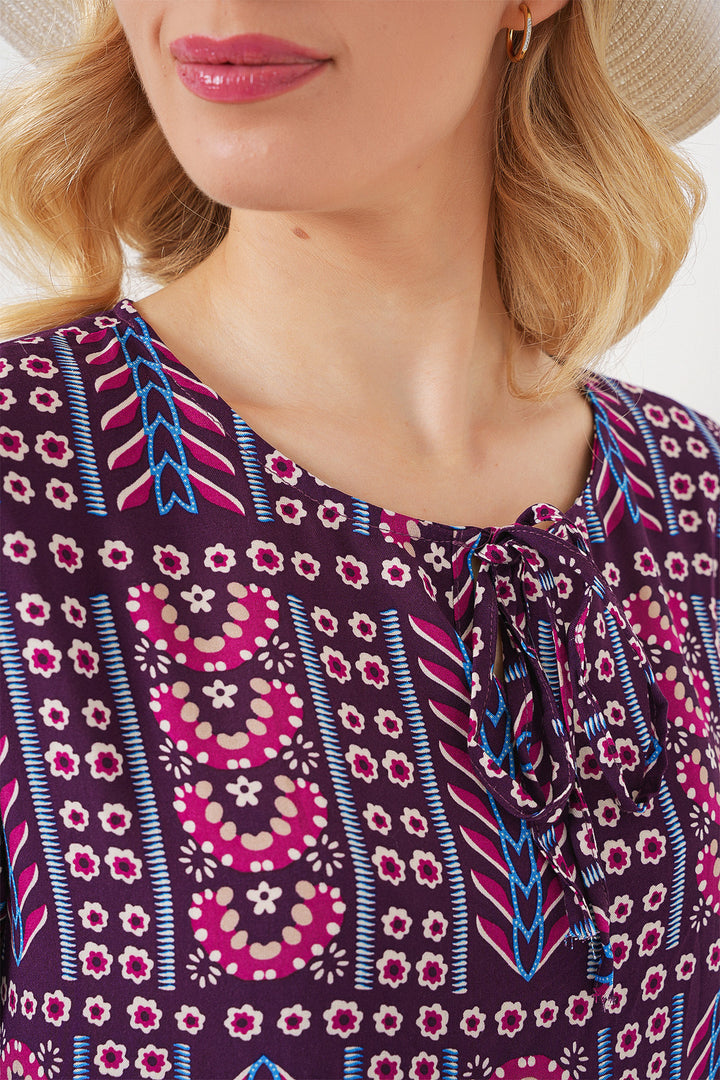 BGD Women Woman Patterned Short Sleeve Blouse 969 - Burgundy - Tríkala