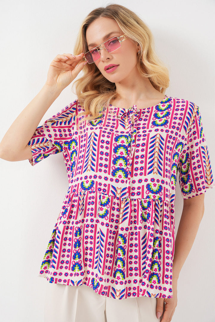 BGD Women Woman Patterned Short Sleeve Blouse 969 - Fuchsia - Puerto Peñasco