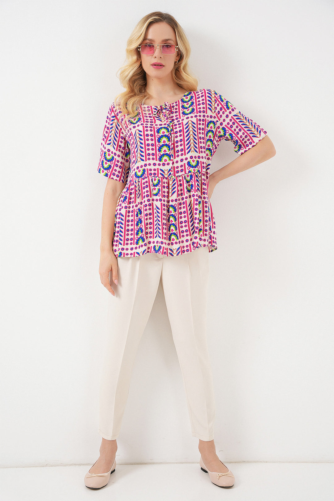 BGD Women Woman Patterned Short Sleeve Blouse 969 - Fuchsia - Puerto Peñasco