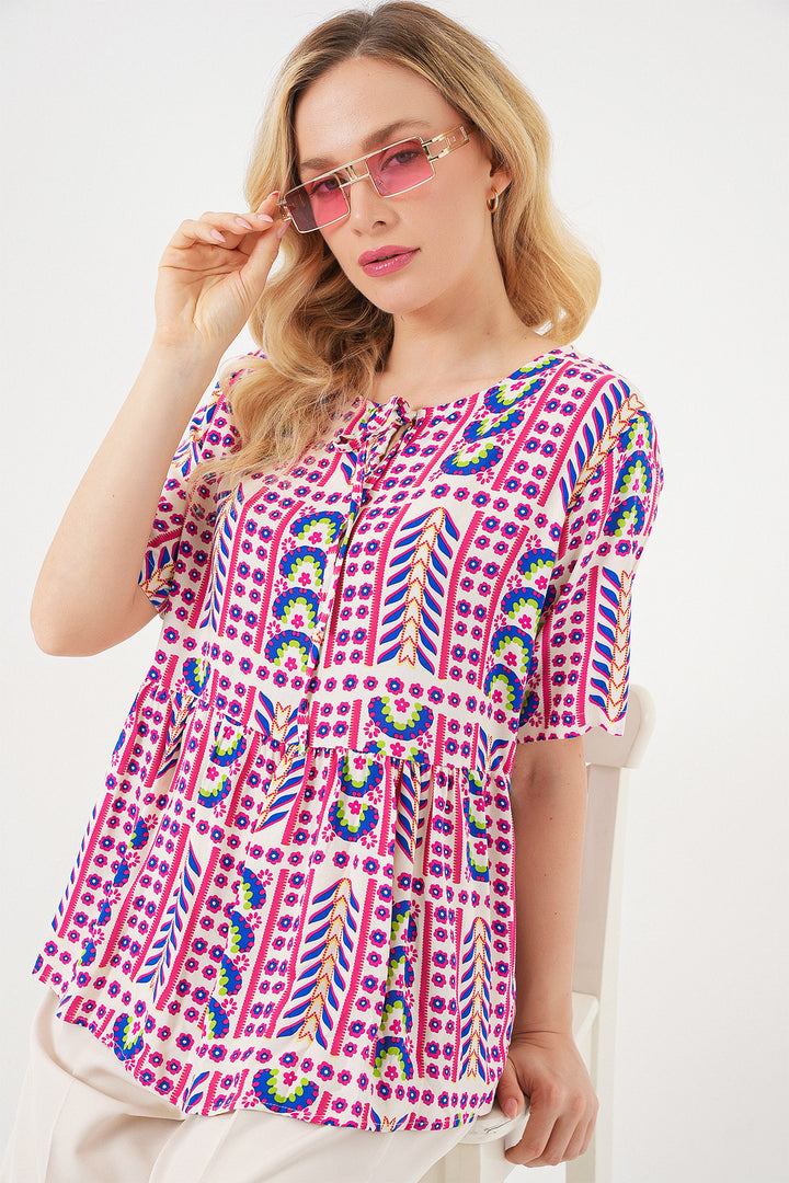 BGD Women Woman Patterned Short Sleeve Blouse 969 - Fuchsia - Puerto Peñasco