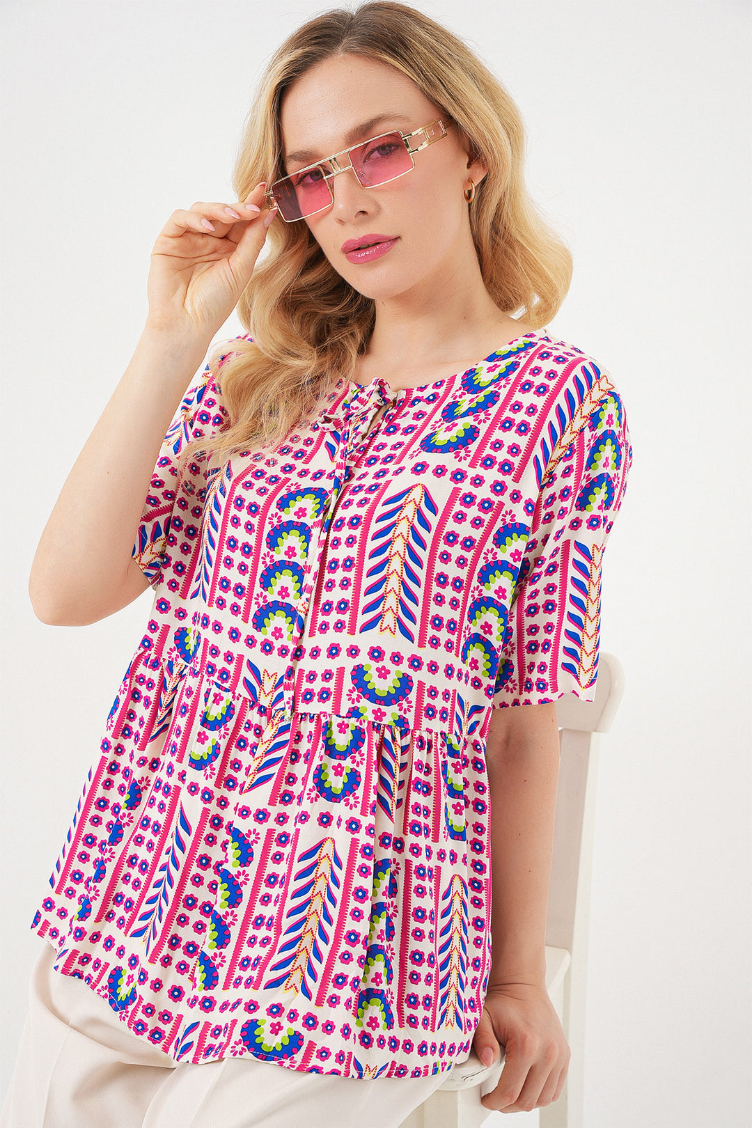 BGD Women Women's Patterned Short Sleeve Blouse 969 - Fuchsia - Prescott