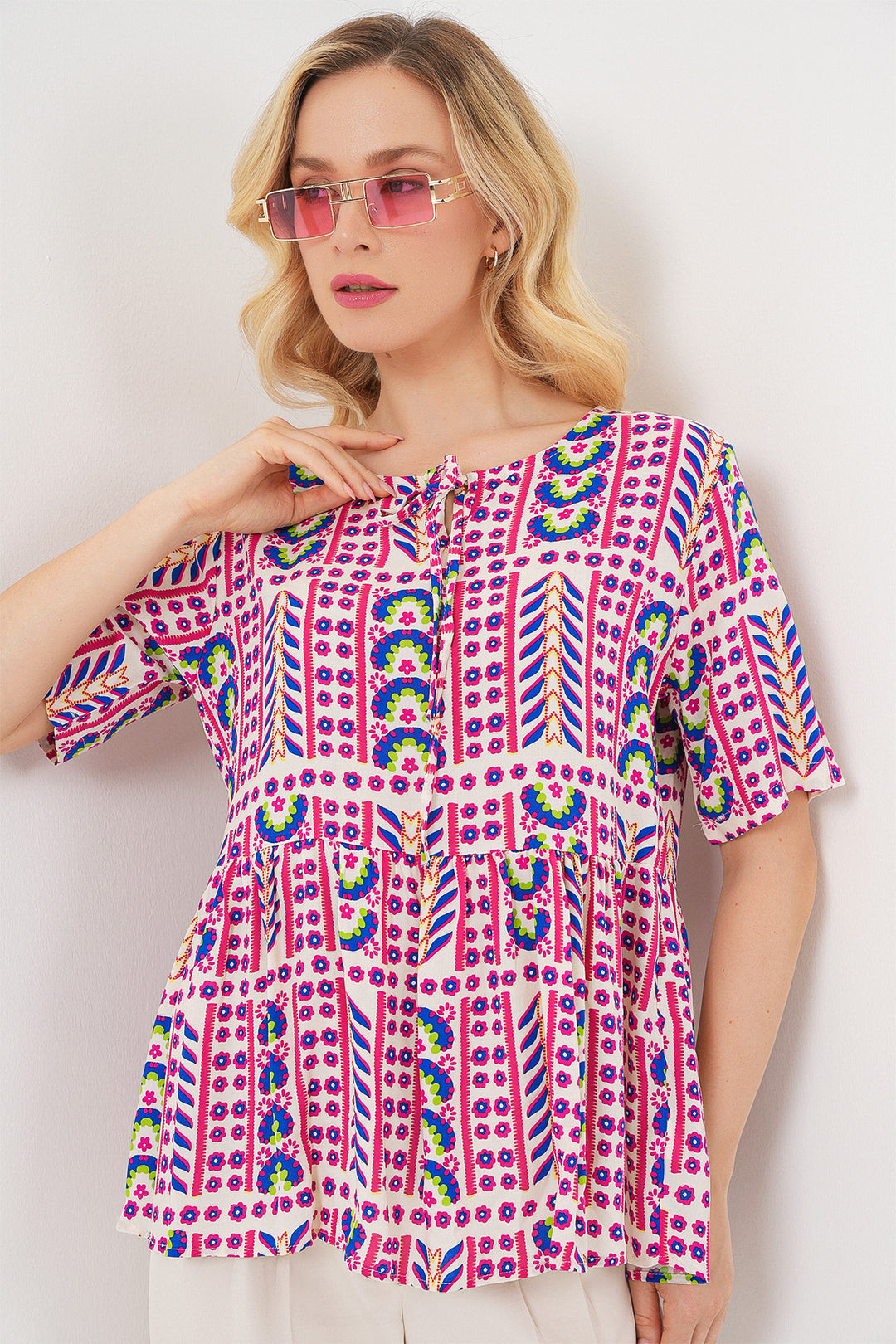 BGD Women Woman Patterned Short Sleeve Blouse 969 - Fuchsia - Puerto Peñasco