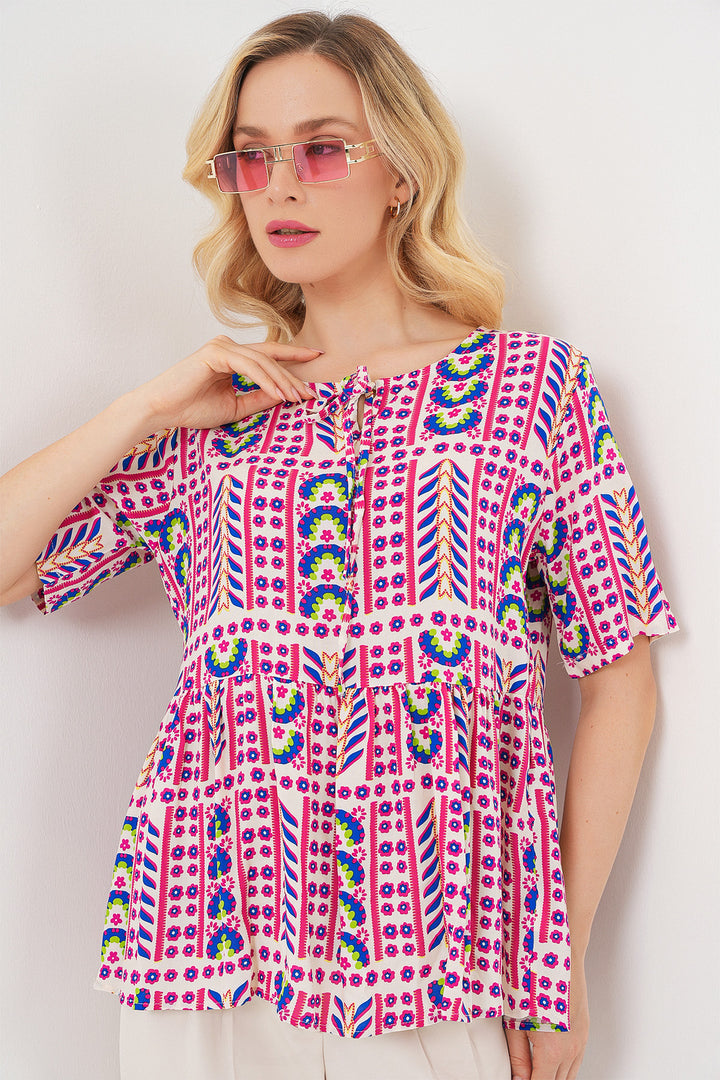 BGD Women Woman Patterned Short Sleeve Blouse 969 - Fuchsia - Puerto Peñasco