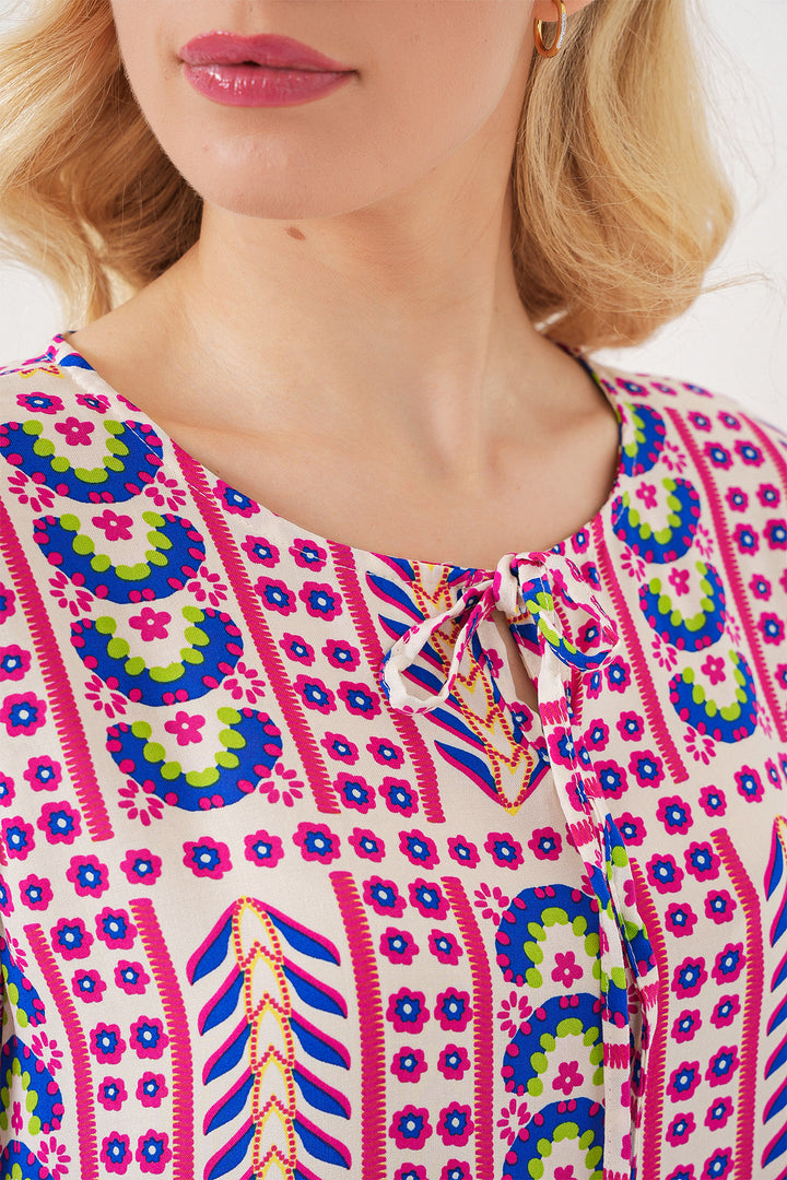 BGD Women Women's Patterned Short Sleeve Blouse 969 - Fuchsia - Prescott