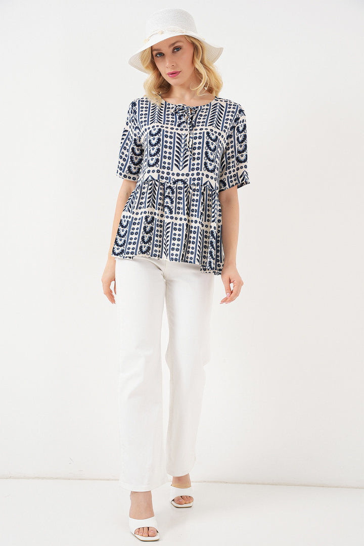 BGD Women Woman Patterned Short Sleeve Blouse 969 - Indigo - Villanueva y Geltrú