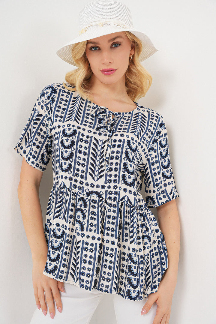 BGD Women Woman Patterned Short Sleeve Blouse 969 - Indigo - Villanueva y Geltrú