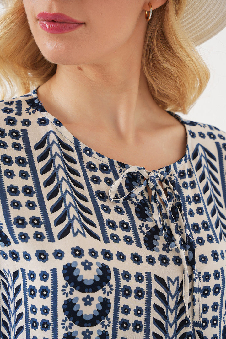 BGD Women Woman Patterned Short Sleeve Blouse 969 - Indigo - Villanueva y Geltrú