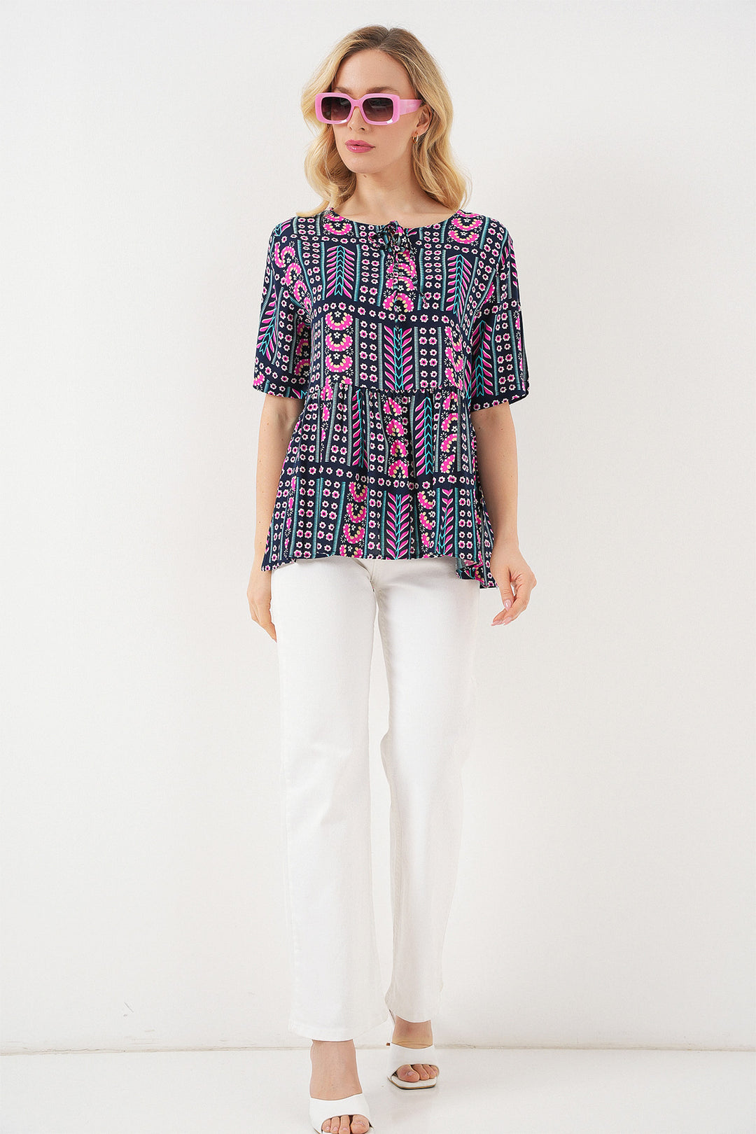 BGD Women Women's Patterned Short Sleeve Blouse 969 - Navy Blue - Guadalajara