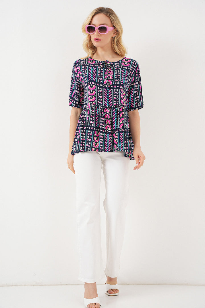 BGD Women Women's Patterned Short Sleeve Blouse 969 - Navy Blue - Guadalajara