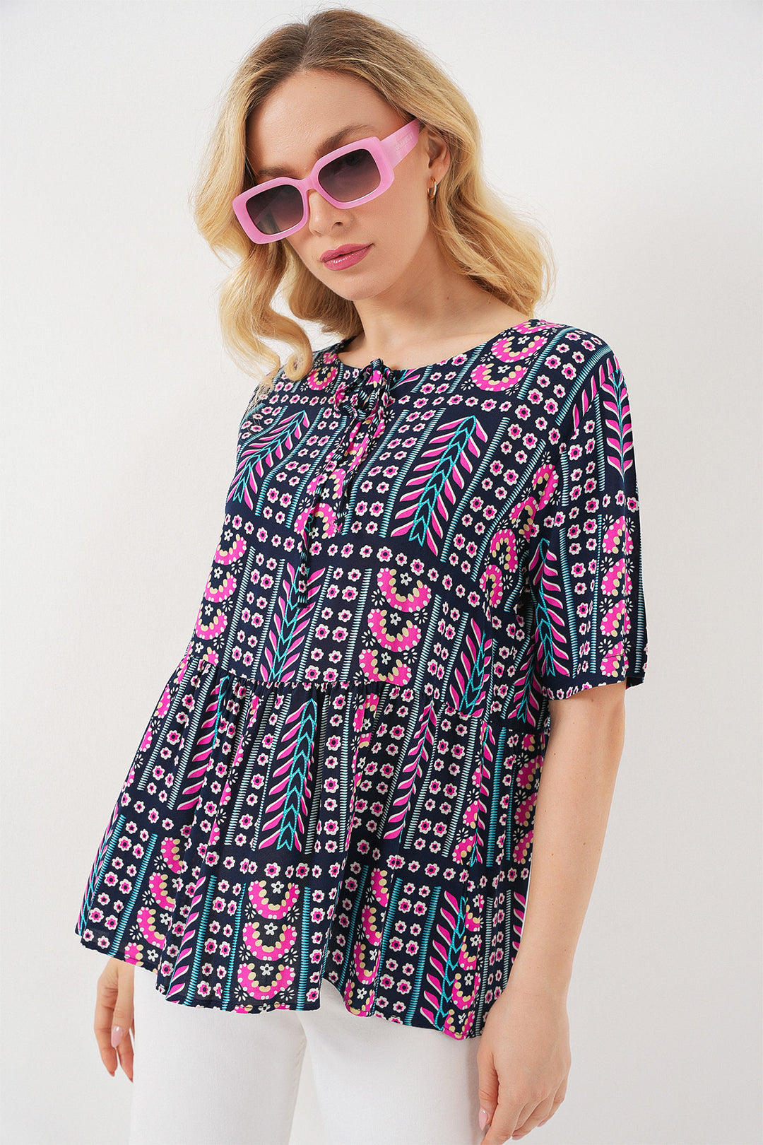 BGD Women Women's Patterned Short Sleeve Blouse 969 - Navy Blue - Guadalajara