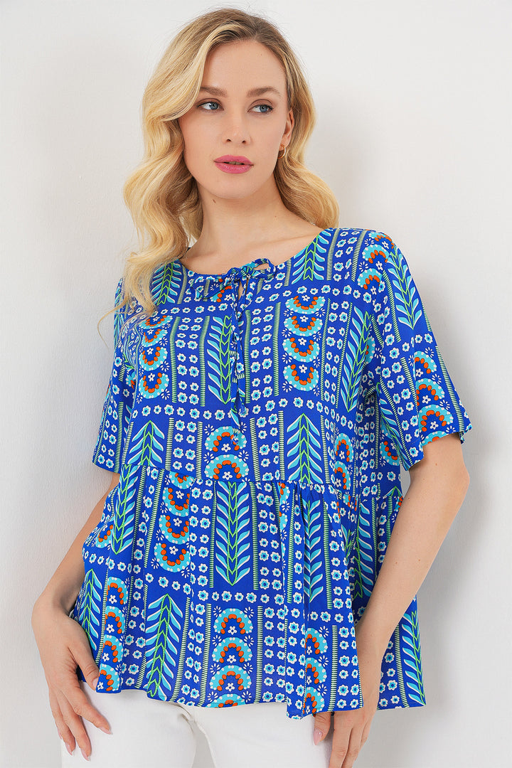 BGD Women Woman Patterned Short Sleeve Blouse 969 - Sax - Fountainebleau