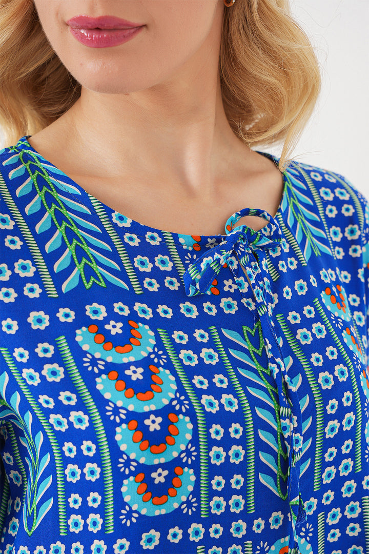 BGD Women Woman Patterned Short Sleeve Blouse 969 - Sax - Fountainebleau