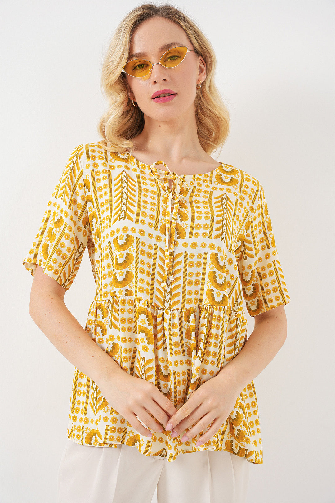 BGD Women Woman Patterned Short Sleeve Blouse 969 - Yellow - Danville