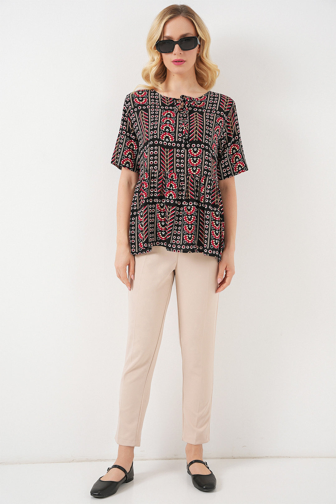 BGD Women Woman Patterned Short Sleeve Blouse 969 - Black - Middlesbrough