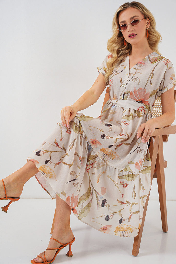 BGD Women Woman Patterned Short Sleeve Dress 2558 - Cream - Etten-Leur