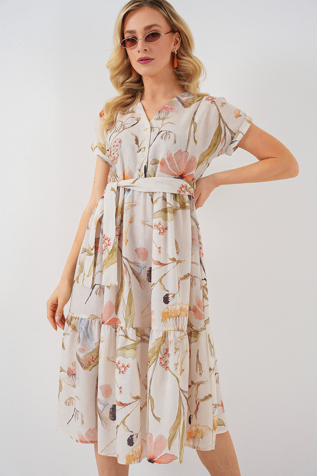 BGD Women Woman Patterned Short Sleeve Dress 2558 - Cream - Etten-Leur