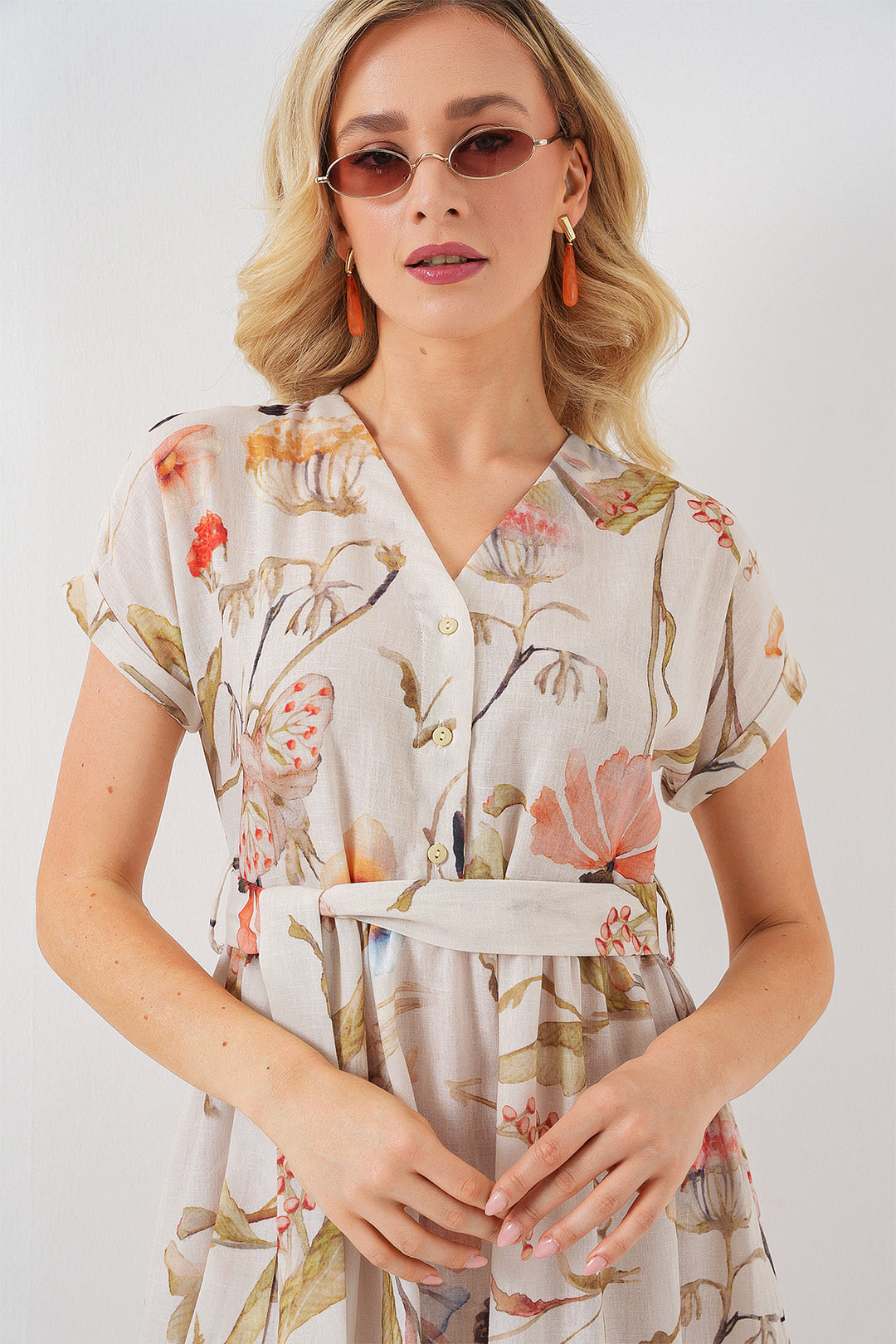 BGD Women Woman Patterned Short Sleeve Dress 2558 - Cream - Etten-Leur