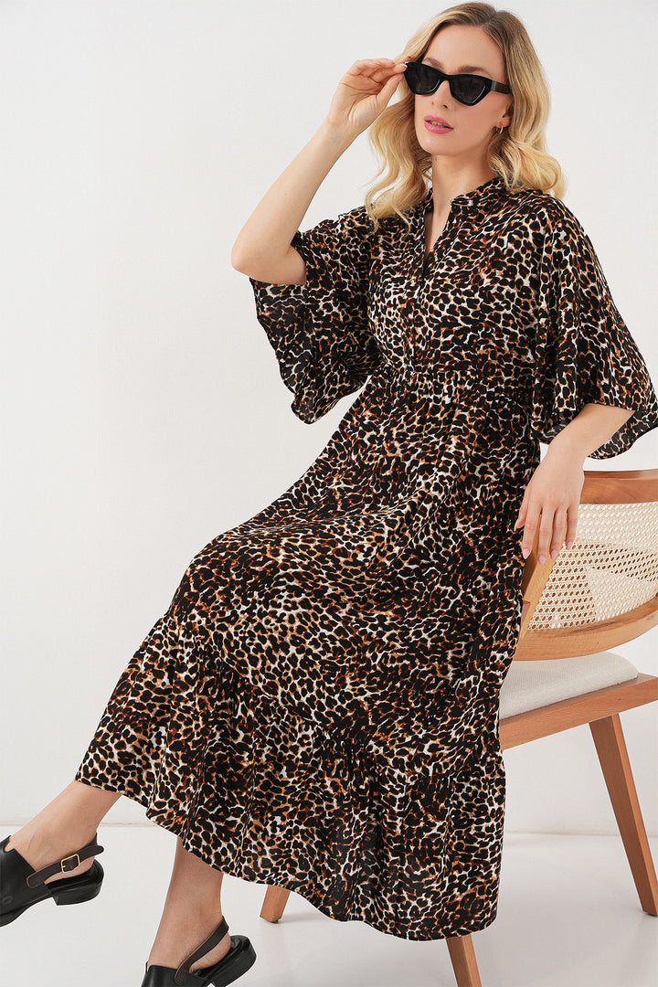 BGD Women Woman Patterned Short Sleeve Dress 2562 - C. Brown - San Luis