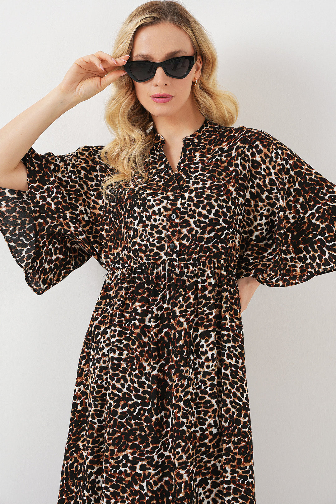 BGD Women Woman Patterned Short Sleeve Dress 2562 - C. Brown - San Luis