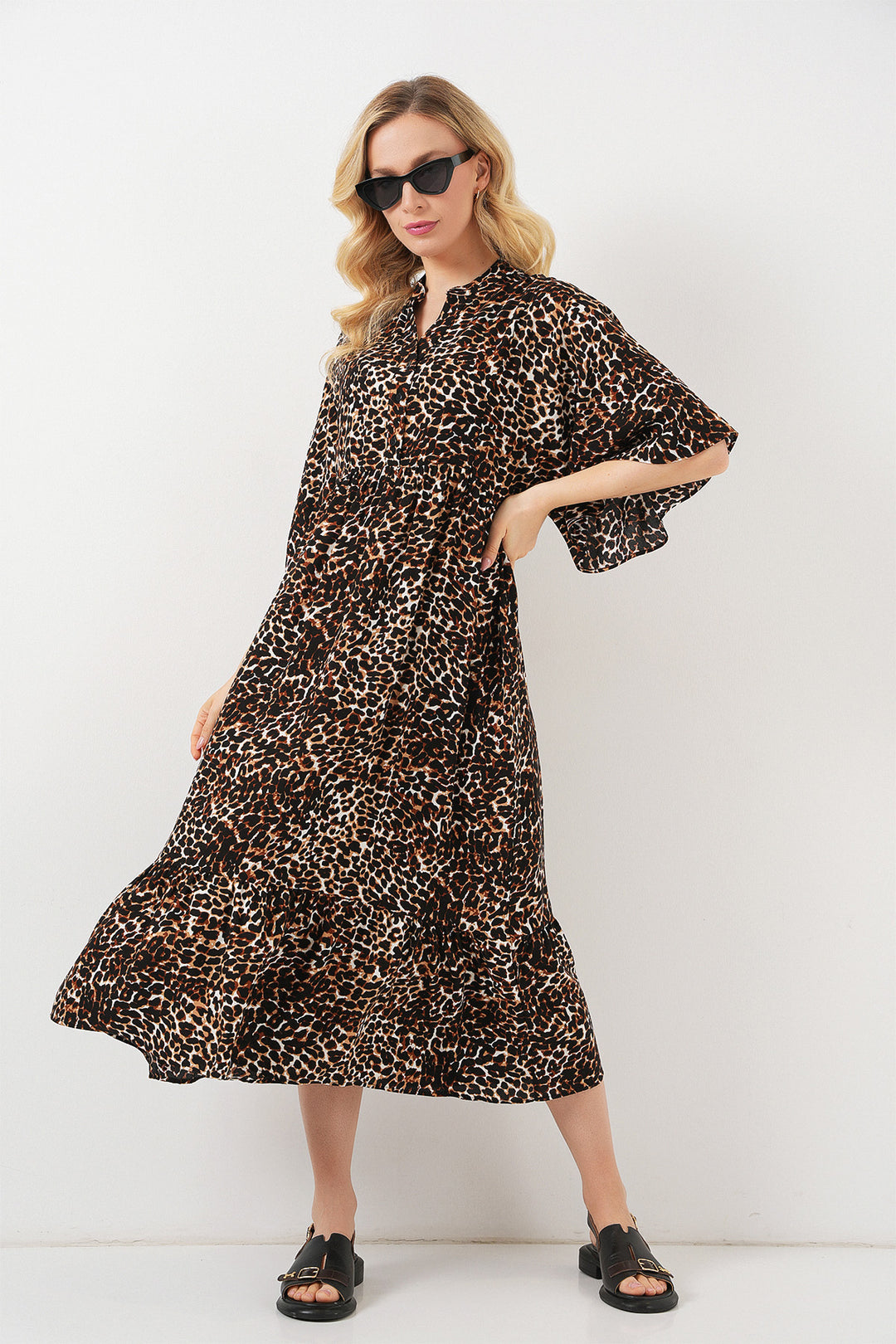 BGD Women Woman Patterned Short Sleeve Dress 2562 - C. Brown - Göttingen