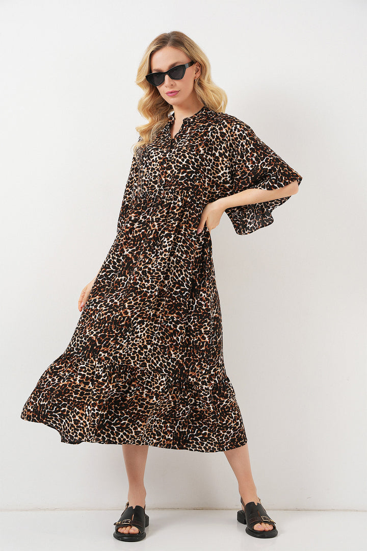BGD Women Woman Patterned Short Sleeve Dress 2562 - C. Brown - Göttingen