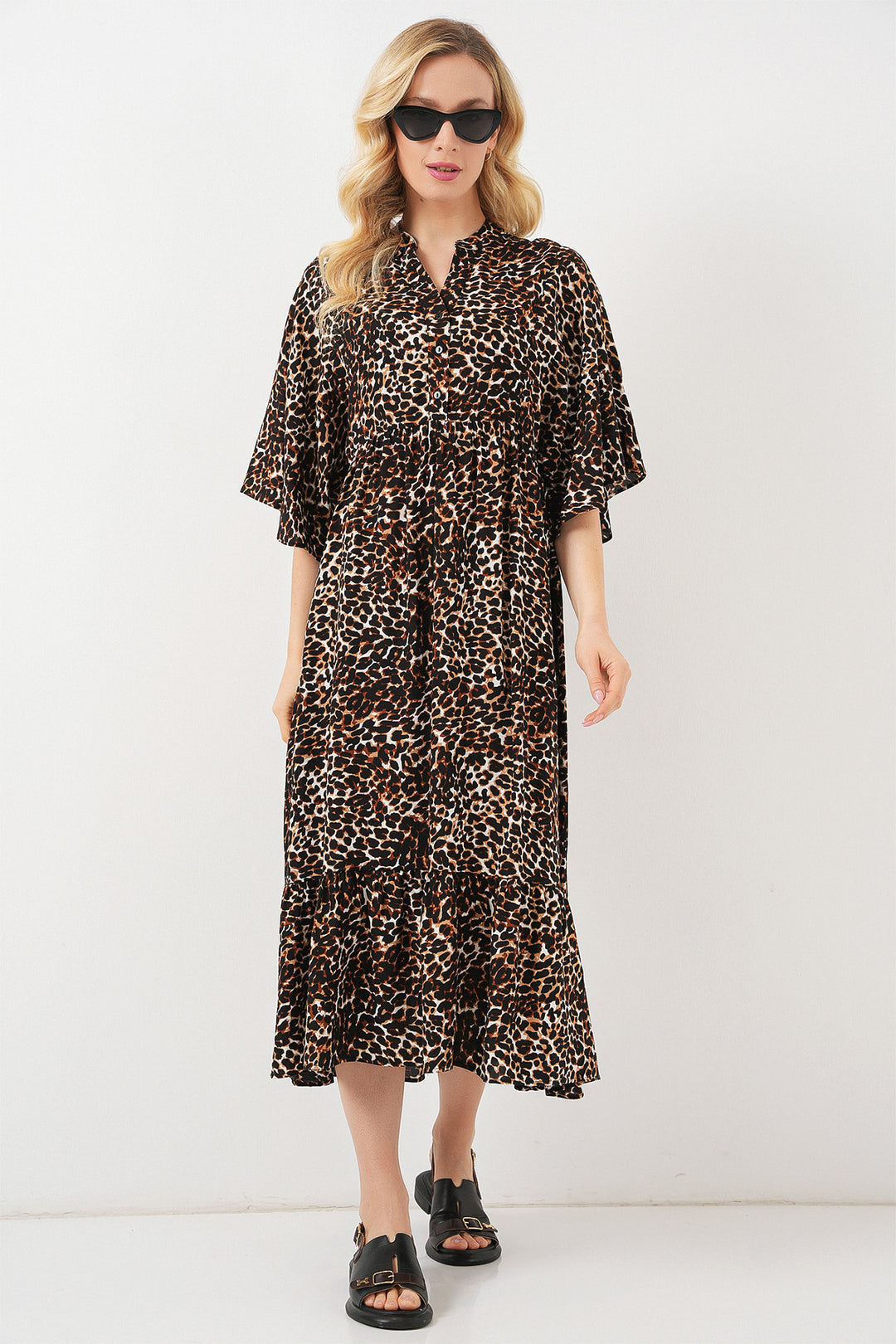 BGD Women Woman Patterned Short Sleeve Dress 2562 - C. Brown - Göttingen