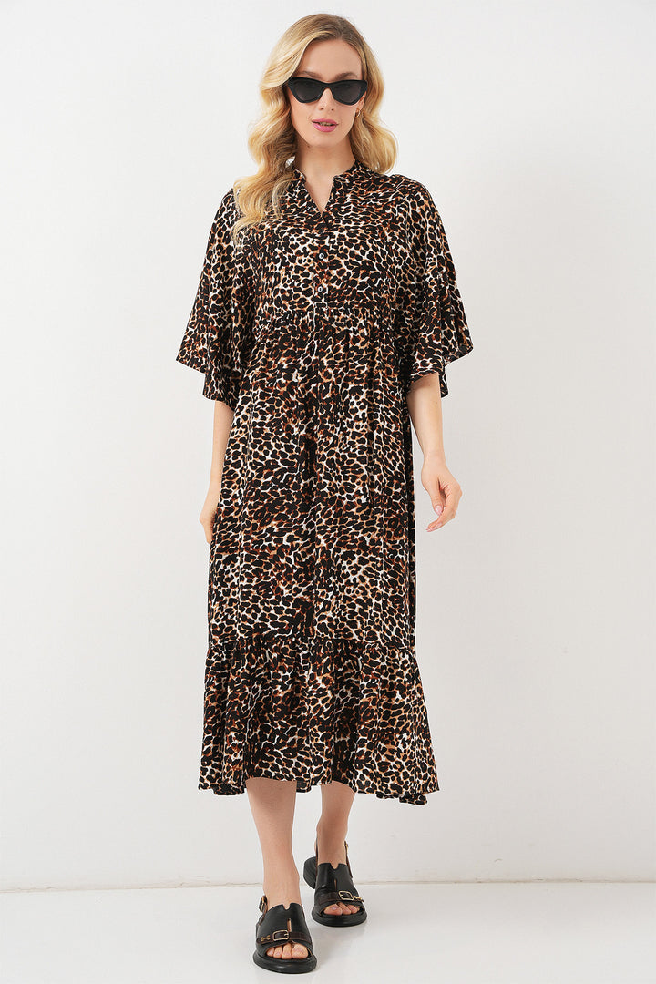 BGD Women Woman Patterned Short Sleeve Dress 2562 - C. Brown - Göttingen