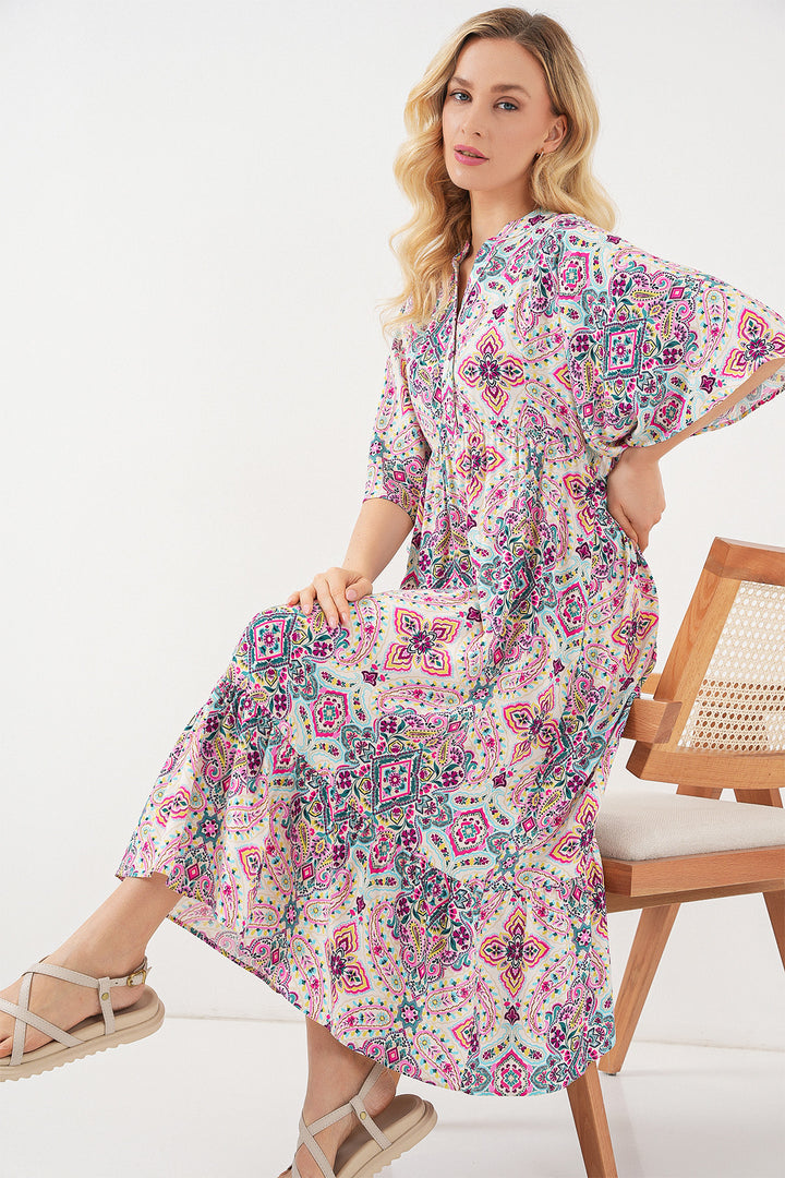 BGD Women Woman Patterned Short Sleeve Dress 2562 - Fuchsia - Staten Island
