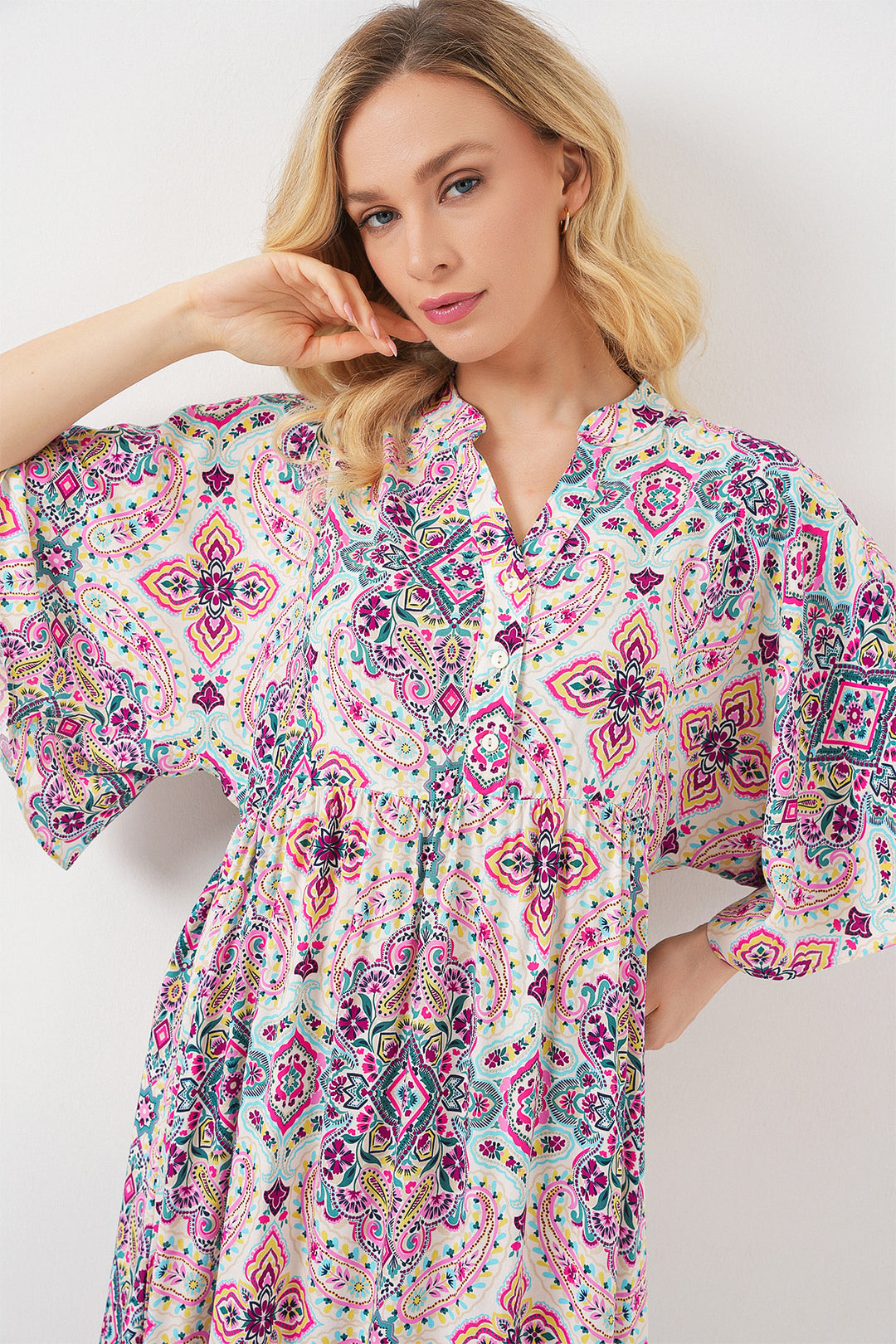 BGD Women Woman Patterned Short Sleeve Dress 2562 - Fuchsia - Staten Island