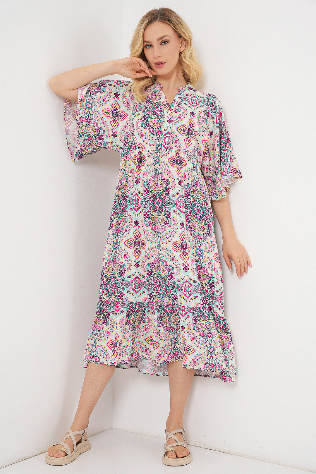 BGD Women Woman Patterned Short Sleeve Dress 2562 - Fuchsia - Staten Island