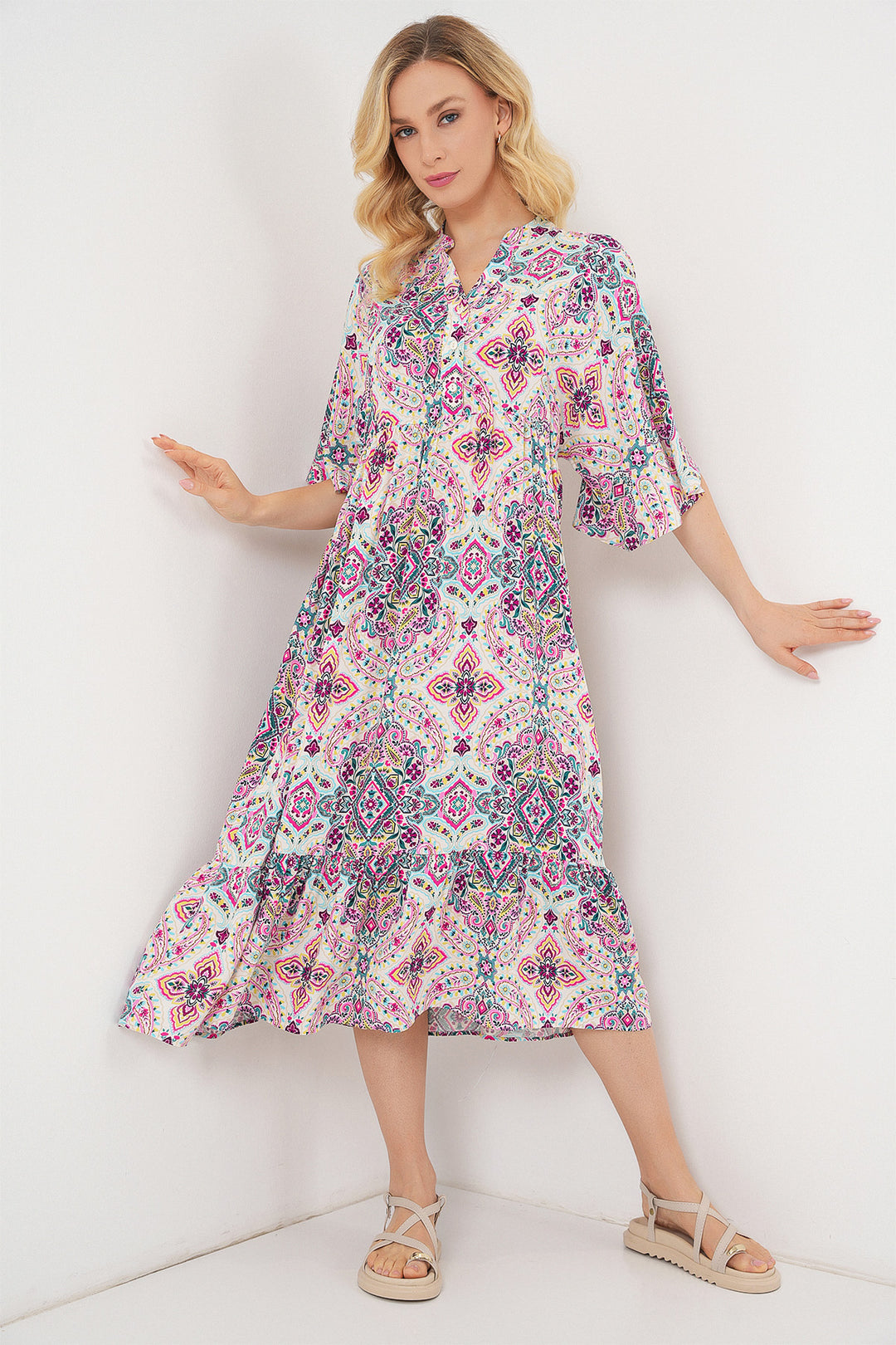 BGD Women Woman Patterned Short Sleeve Dress 2562 - Fuchsia - Staten Island