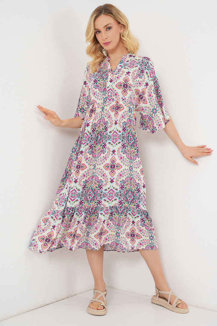 BGD Women Woman Patterned Short Sleeve Dress 2562 - Fuchsia - Staten Island