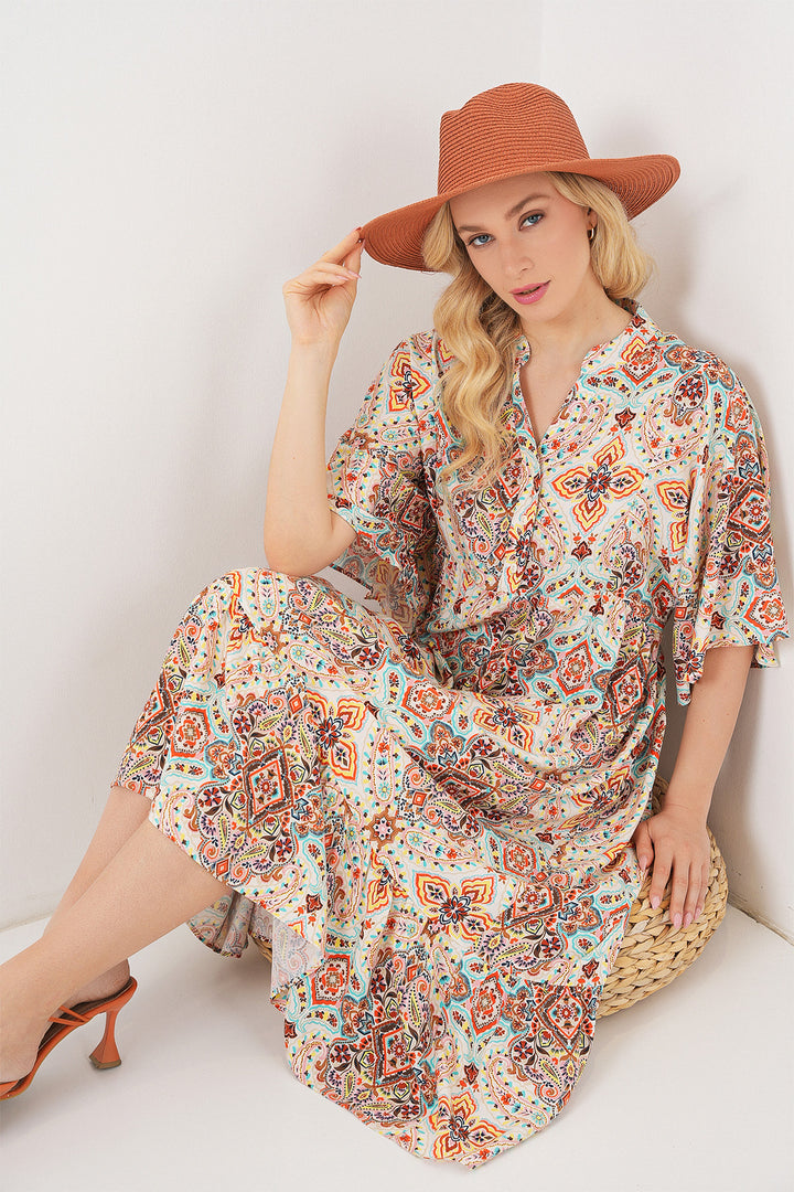 BGD Women Woman Patterned Short Sleeve Dress 2562 - Brown - Oviedo