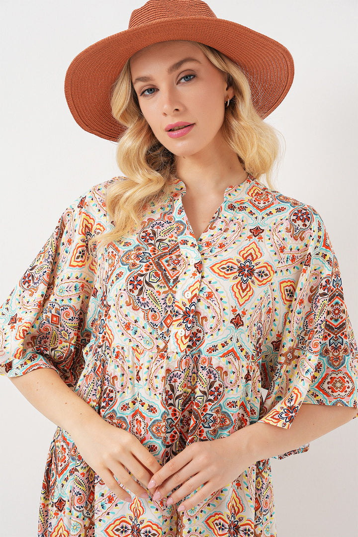BGD Women Woman Patterned Short Sleeve Dress 2562 - Brown - Oviedo