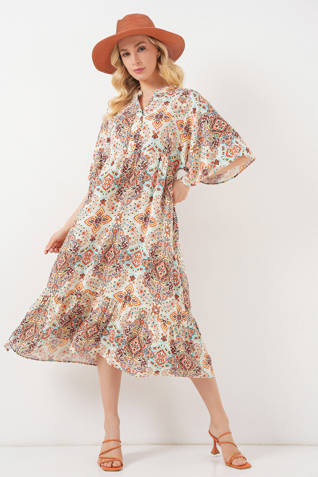 BGD Women Woman Patterned Short Sleeve Dress 2562 - Brown - Oviedo