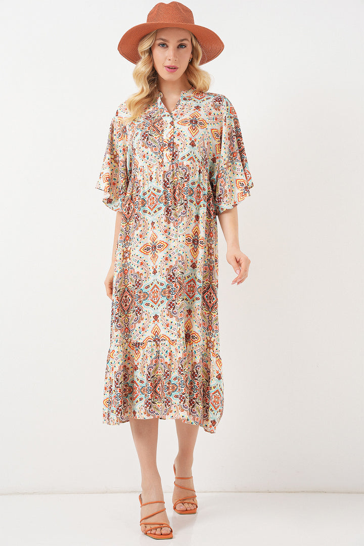 BGD Women Woman Patterned Short Sleeve Dress 2562 - Brown - Oviedo