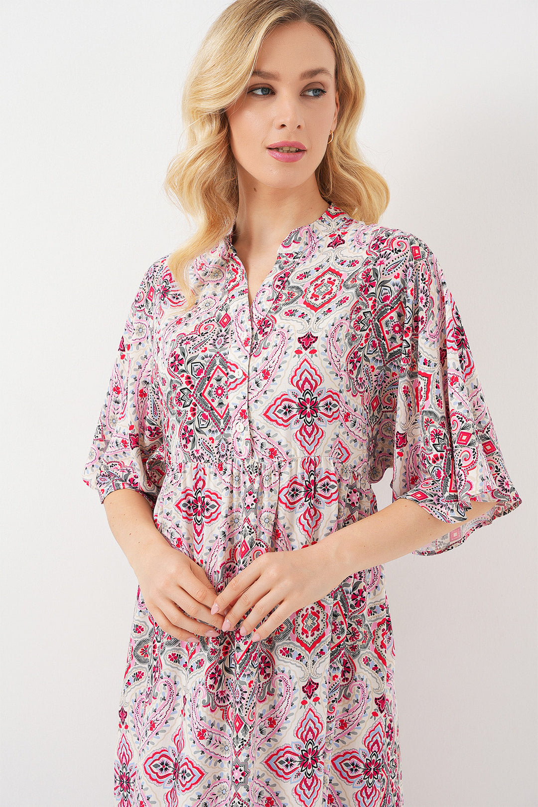BGD Women Woman Patterned Short Sleeve Dress 2562 - Red - Berriozábal