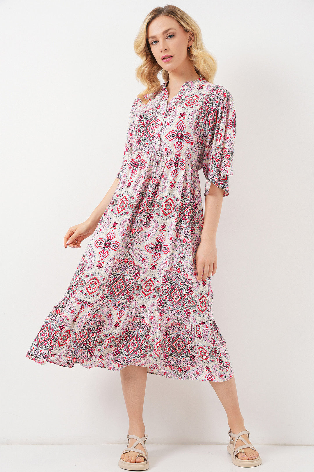BGD Women Woman Patterned Short Sleeve Dress 2562 - Red - Berriozábal