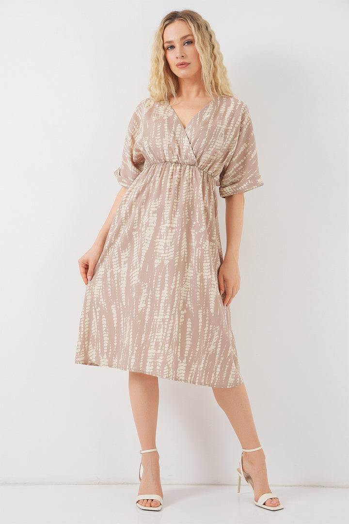 BGD Women Woman Patterned Short Sleeve Dress 2569 - Beige - Apaseo el Alto