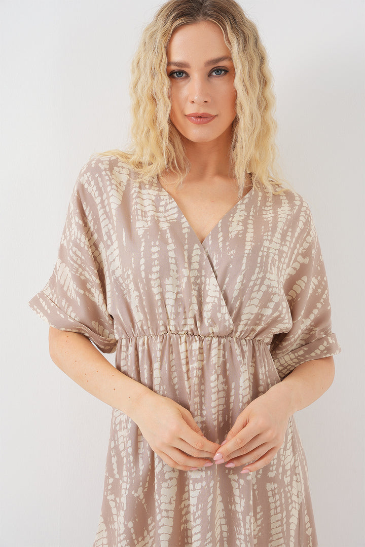 BGD Women Woman Patterned Short Sleeve Dress 2569 - Beige - Apaseo el Alto