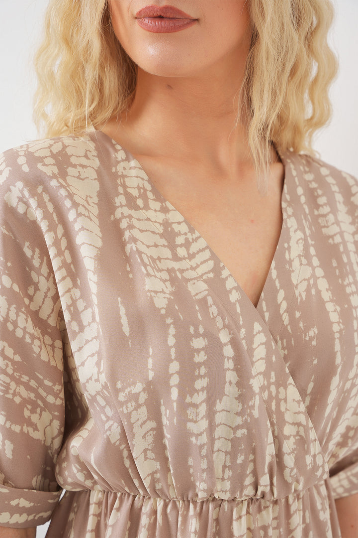 BGD Women Woman Patterned Short Sleeve Dress 2569 - Beige - Apaseo el Alto